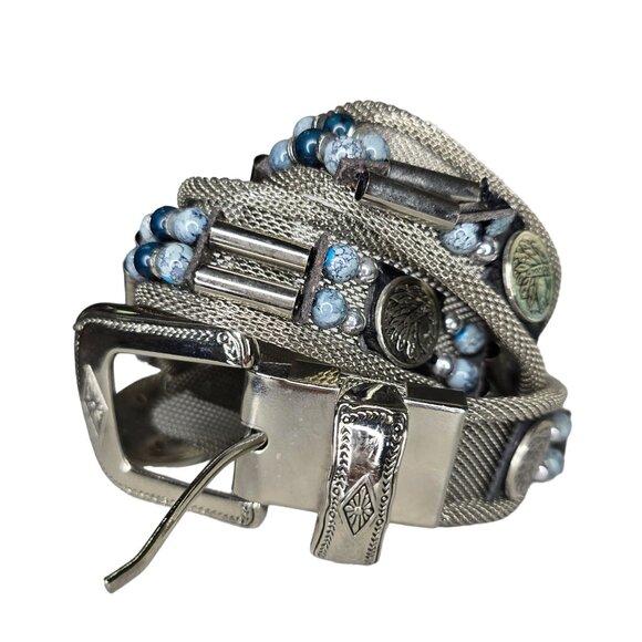 Handcrafted Silver Metal Mesh Belt With Ornate Buckle & Blue Beads Size M - Picture 4 of 12